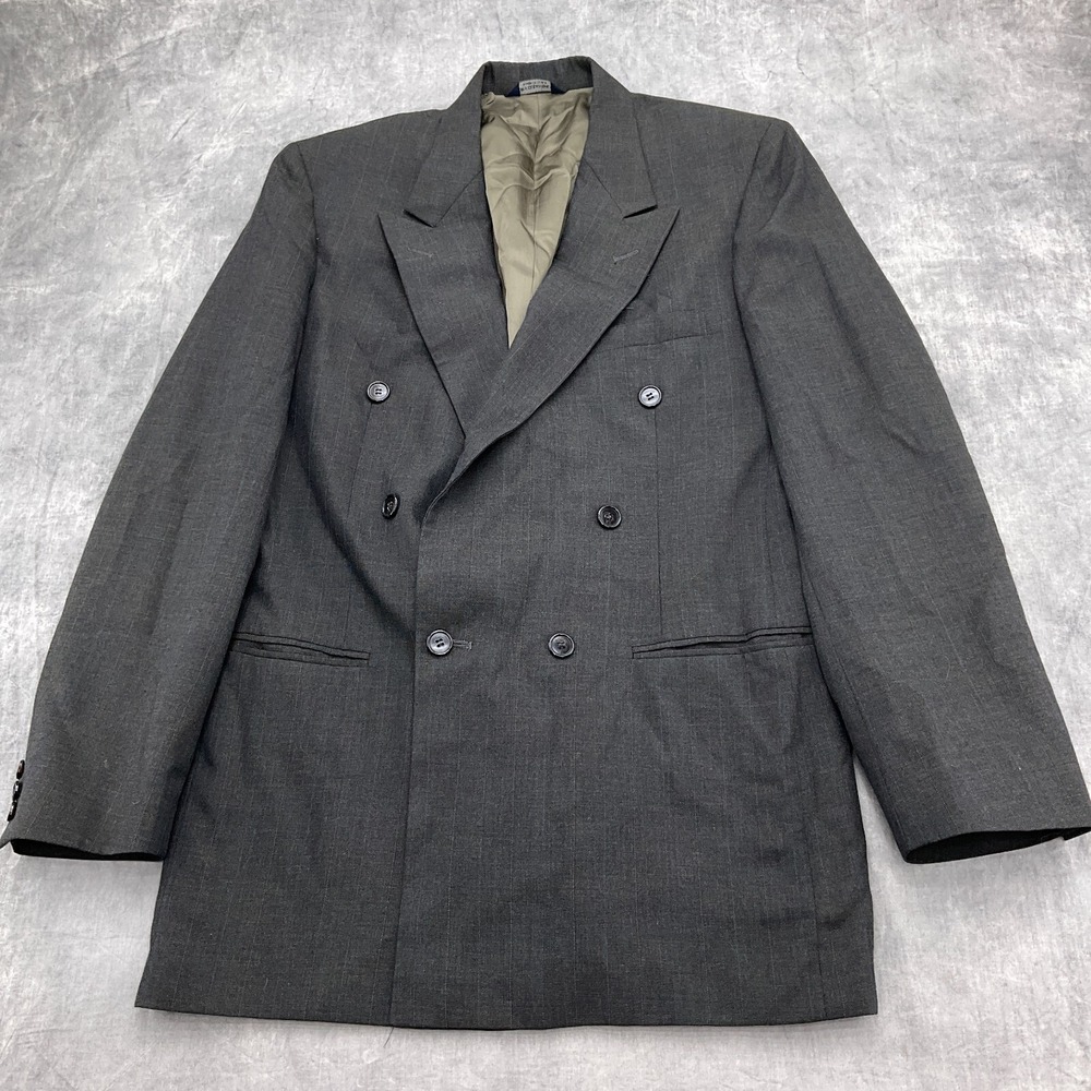 Kupenheimer‎ Blazer Men 40 Gray Blue Stripe Wool Peak Double Breasted USA VTG